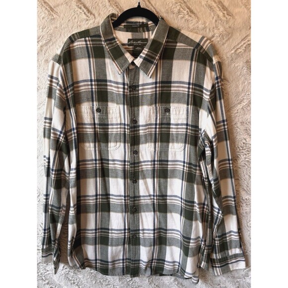Eddie Bauer Shirt Men's Large Green Plaid Flannel Pockets‎ Outdoor Cotton - Picture 1 of 10